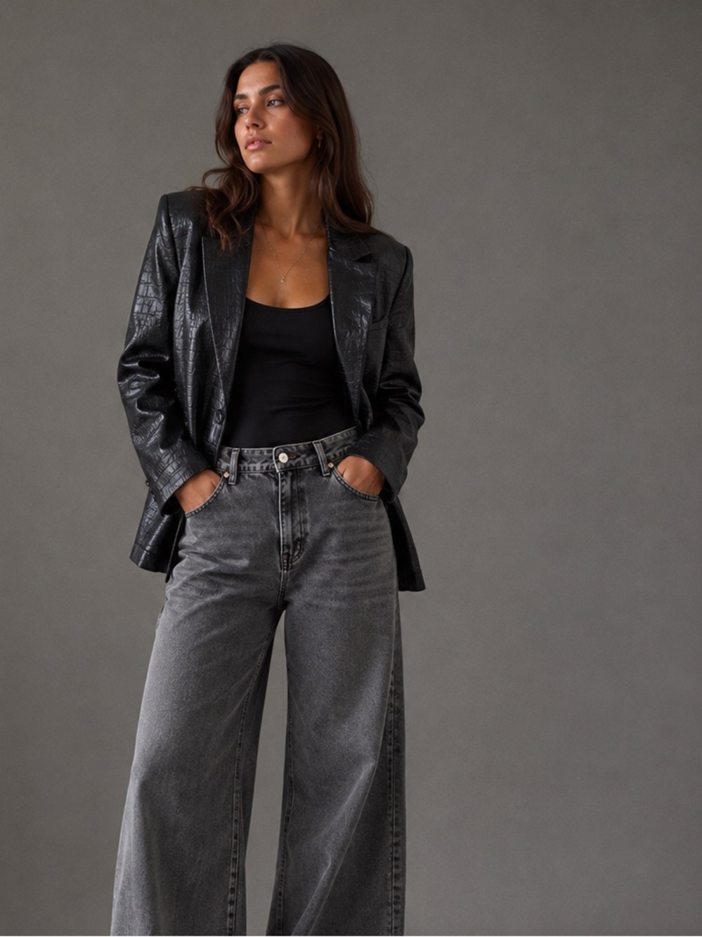 PrettyLittleThing Black Croc Faux Leather Blazer XS